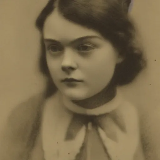 Image similar to headshot edwardian photograph of middle - aged elle fanning, realistic face, 1 9 0 0 s, 1 9 1 0 s, 1 9 2 0 s, grainy, victorian, detailed, slightly blurry