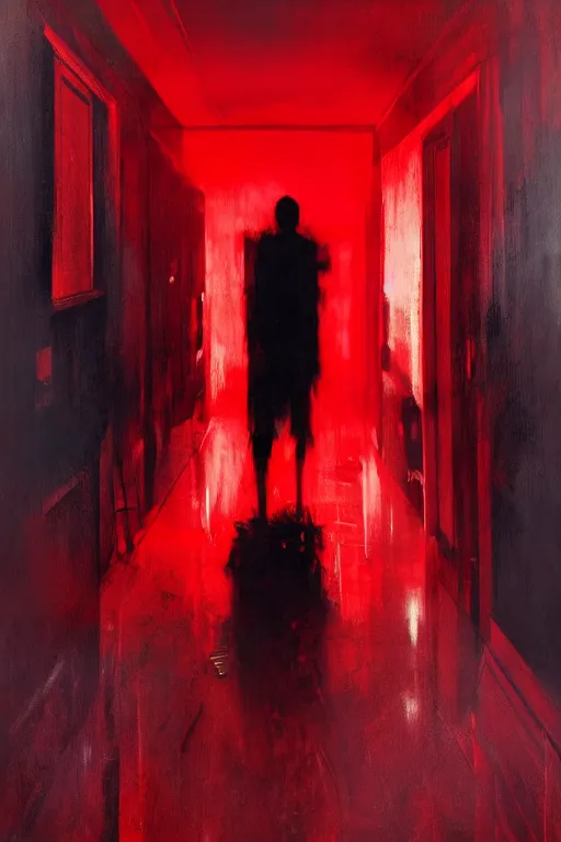 Prompt: chaotic painting of a black human silhouette walking towards the camera in a room that's completely red, painted by jeremy mann and dariusz zawadzki and anders zorn, 8 k, high quality