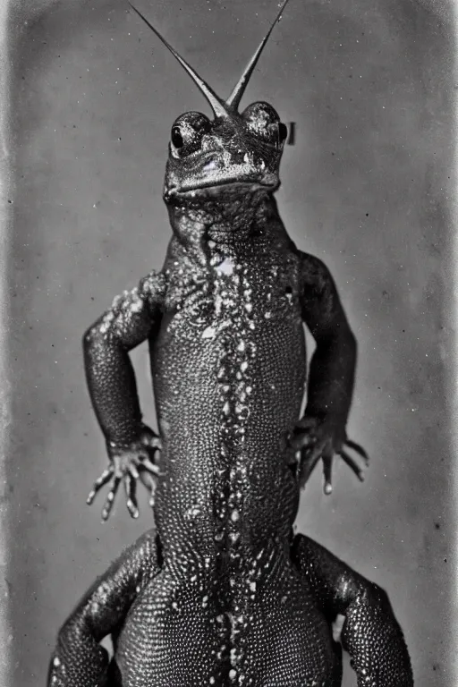 Image similar to a wet plate photo of an anthropomorphic salamander king