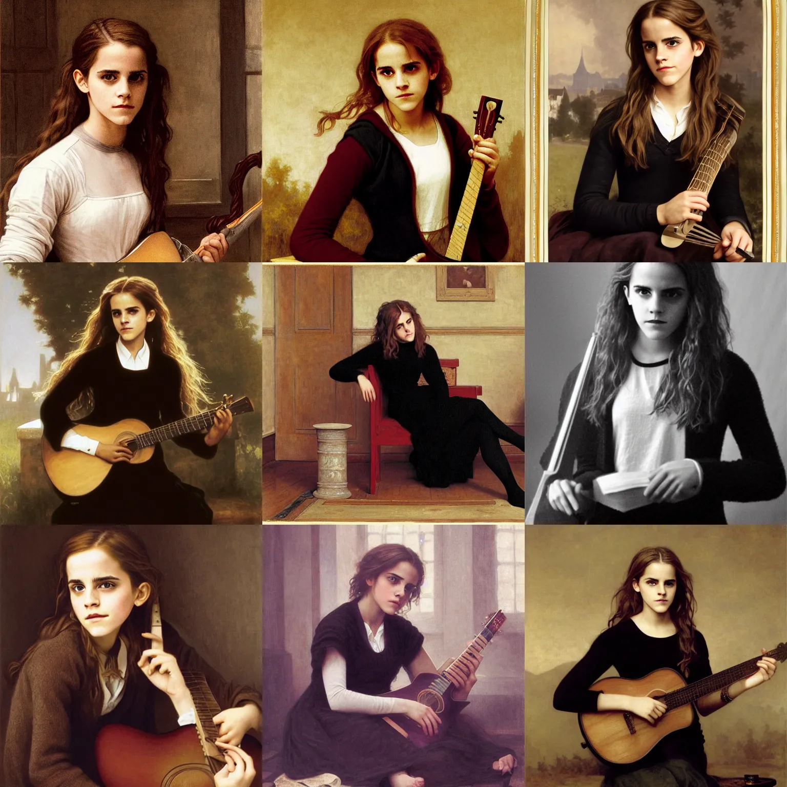 Prompt: Emma Watson/Hermione Granger wearing a black sweater, playing a guitar, in the Gryffindor common room, portrait photo by William-Adolphe Bouguereau