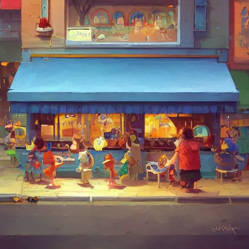 Image similar to Busytown ice cream shop, epic, fun, optimistic colors, by Greg Rutkowski