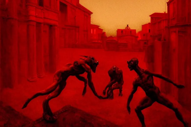 Image similar to only with red, a red tiger, rome in the background, medieval demons dance, an ancient path, in the style of beksinski, part by hopper, part by rodcenko, part by hofbauer, intricate composition, red by caravaggio, insanely quality, highly detailed, masterpiece, red light, artstation