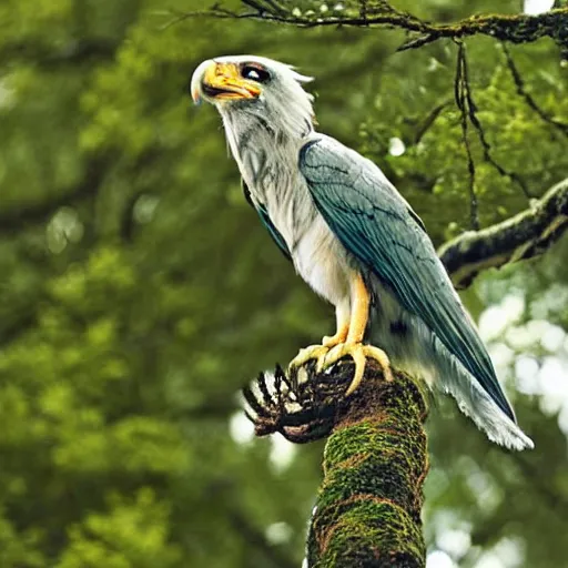 Prompt: A gryphon perched on tree branch, National Geographic, photo still.