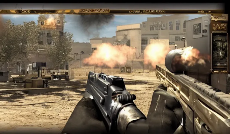 Prompt: screen shot of COD, in the high school, Gun at bottom of screen