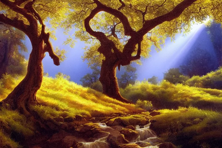 Image similar to masterpiece painting of oak trees on a hillside overlooking a creek, dramatic lighting with god rays, by marc davis