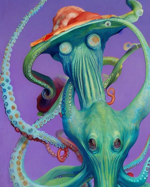 Image similar to a beautiful girl wearing a colourful octopus as a hat, painted by edgar maxence, edward hopper, wayne barlowe and james gilleard, airbrush, art by jamesjean