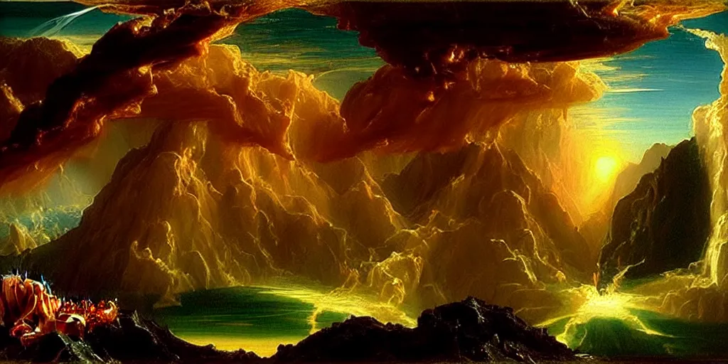 Image similar to heaven and hell painted by thomas cole