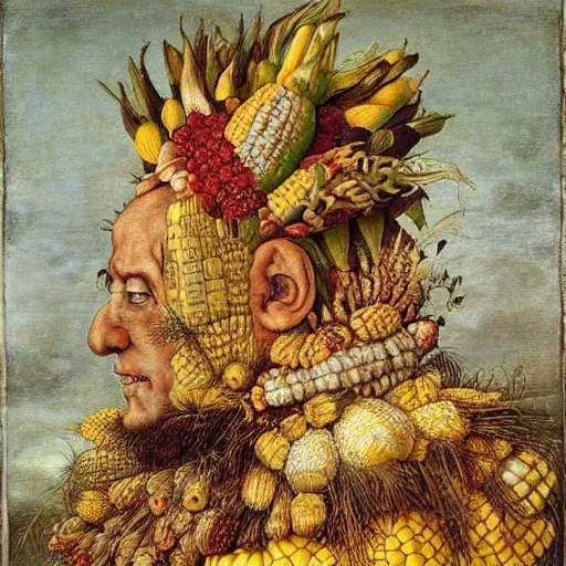 Prompt: giuseppe arcimboldo, trump, corn hair