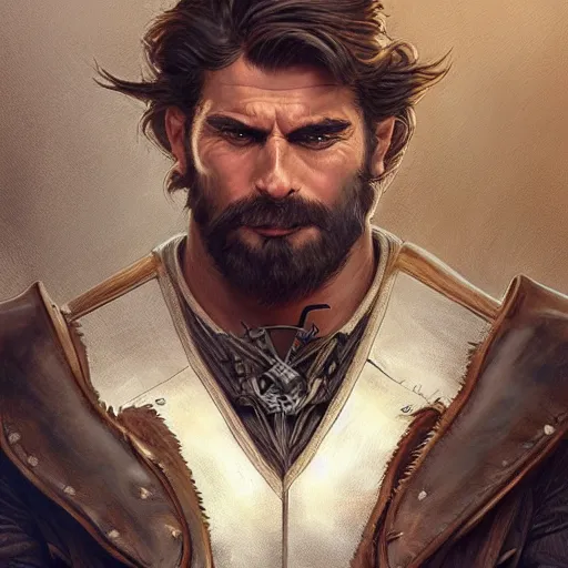 Prompt: portrait of a young, ruggedly handsome ranger, muscular, half body, leather, hairy, d & d, fantasy, intricate, elegant, highly detailed, digital painting, artstation, concept art, smooth, sharp focus, illustration, art by artgerm and greg rutkowski and alphonse mucha