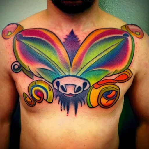 Image similar to shoulder tattoo of a multicolored hallucinating meditaing cute bush baby, eyes are rainbow spirals, happy mood, surrounded with colorful magic mushrooms and rainbow marihuana leaves, insanely integrate