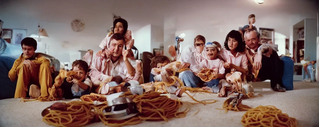 Image similar to a family watching the moon landing on tv, eating spaghetti, in the style of steve mccurry, canon 5 0 mm, wes anderson film, kodachrome, retro