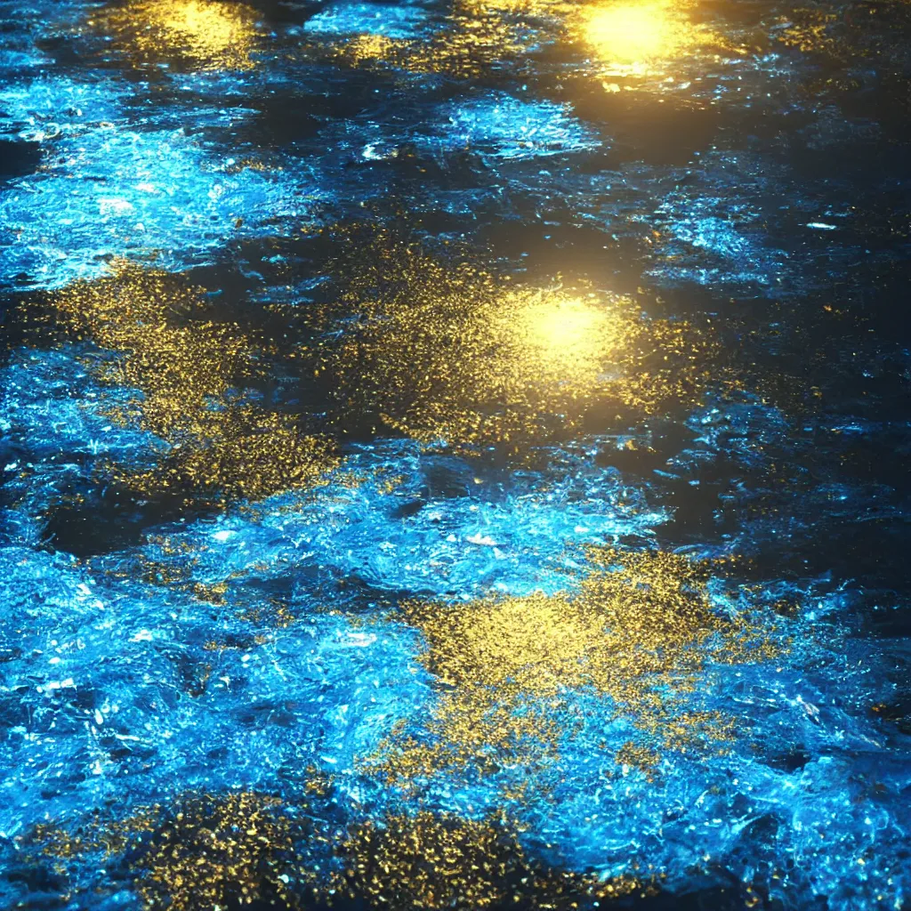 Image similar to water turning into crystal, art station, volumetric lighting, beautiful, golden hour, sharp focus, ultra detailed, concept art