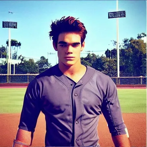 Image similar to “a realistic photo of a guy who is an attractive baseball player man who is part cyborg and part humanoid, who is a robot, KJ Apa”