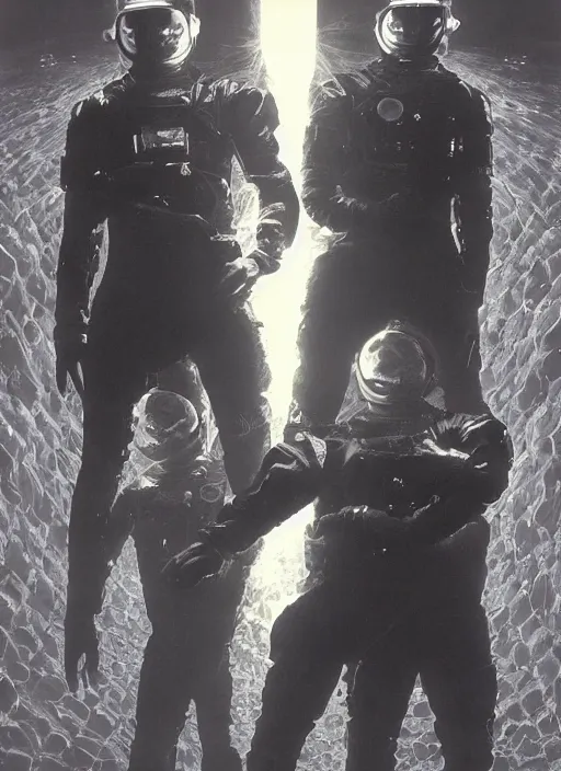 Image similar to astronauts in dark and empty void underwater - complex and hyperdetailed technical suit. reflection and dispersion materials. rays and dispersion of light. volumetric light. 5 0 mm, f / 3 2. noise film photo. flash photography. ultra realistic, wide angle. poster by wayne barlowe, hajime sorayama aaron horkey, craig mullins