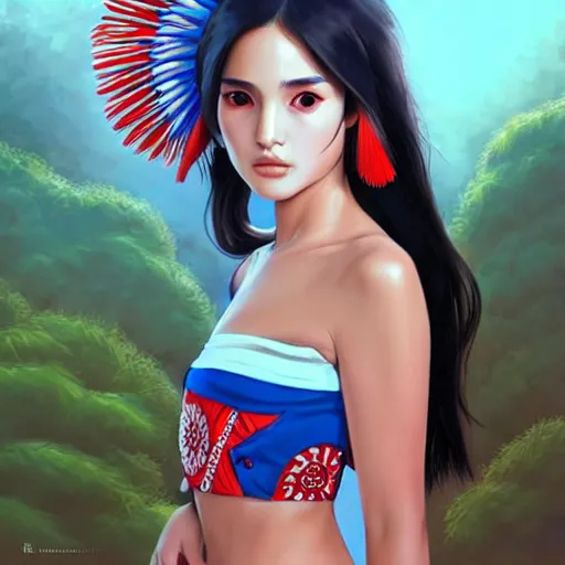 Image similar to a beautiful young japanese natalie portman alluring gravure model, stylized concept art, wearing elegant designer bomber jacket and one piece bikini, bomber jacket with mesoamerican patterns, mesoamerican native street fashion, princess mononoke, painted by ilya kuvshinov aesthetic, gorgeous, stunning, alluring, attractive, artstation, pinterest, digital art