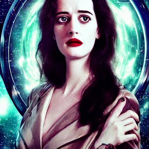 Prompt: a beautiful photograph of eva green as'doctor who ', time vortex in the background, detailed face, symmetrical face, extreme realism and detail, 8 k, completely framed, direct lighting, 3 5 mm photo, photorealistic, sharp focus