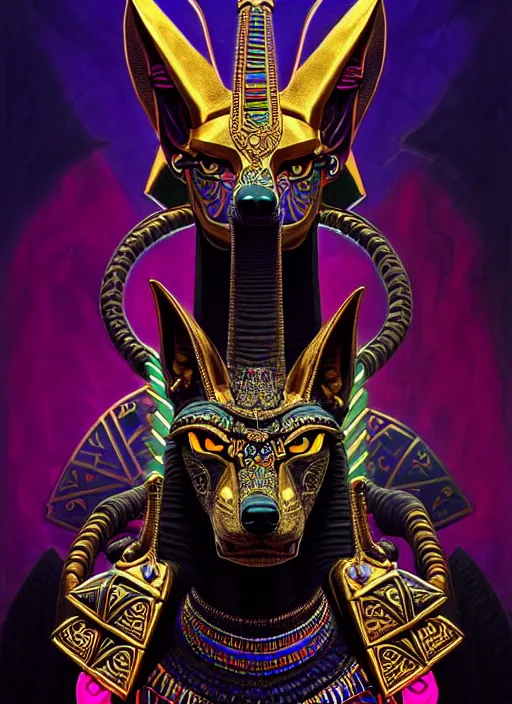 Image similar to angry god anubis, growling jackal with egyptian headdress and nemes, ornate art nouveau detail, black and neon palette, symmetry, fantasy, intricate, elegant, highly detailed, colorful, dark colors, dramatic shadow, digital painting, artstation, concept art, art by artgerm and greg rutkowski and ruan jia,