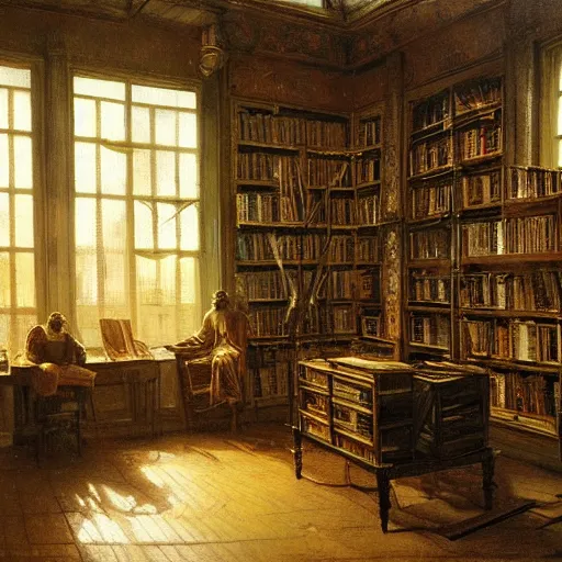 Prompt: painting of a scifi ancient civilzation victorian empty room with books, andreas achenbach