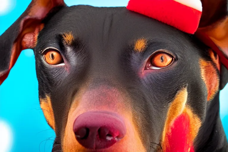 Prompt: profile of a snarling doberman wearing clown makeup and a red rubber nose, 4 k, hdr color