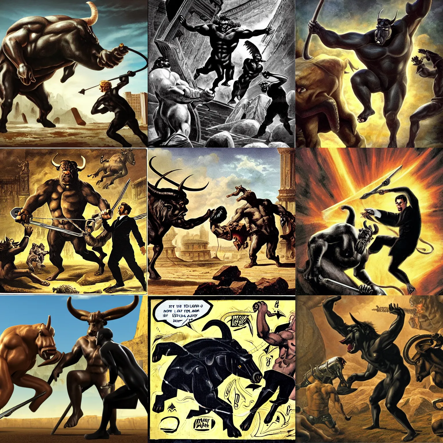 Prompt: men in black fighting a giant minotaur