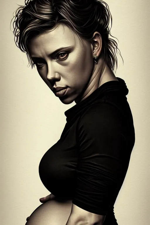 Prompt: pregnant scarlet johansson in a black shirt and jeans, realistic portrait, symmetrical, highly detailed, digital painting, artstation, concept art, smooth, sharp focus, illustration, cinematic lighting, art by artgerm and greg rutkowski and alphonse mucha