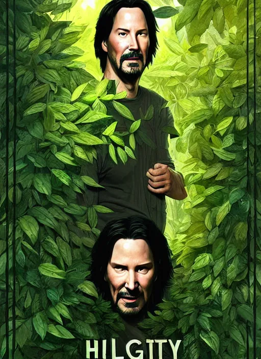 Prompt: highly detailed comedy caper movie poster with keanu reeves hiding in leaves, keanu reeves face inside a leafy bush by greg rutkowski