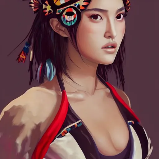 Image similar to a beautiful young japanese natalie portman alluring gravure model, stylized concept art, wearing elaborate oversized designer bomber jacket and one piece bikini, bulky bomber jacket with mesoamerican patterns, mesoamerican native street fashion, princess mononoke, painted by ilya kuvshinov aesthetic, gorgeous, stunning, alluring, attractive, artstation, pinterest, digital art
