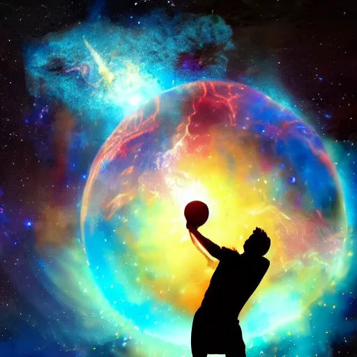 Prompt: a player dunking a basketball depicted as an explosion of a nebula