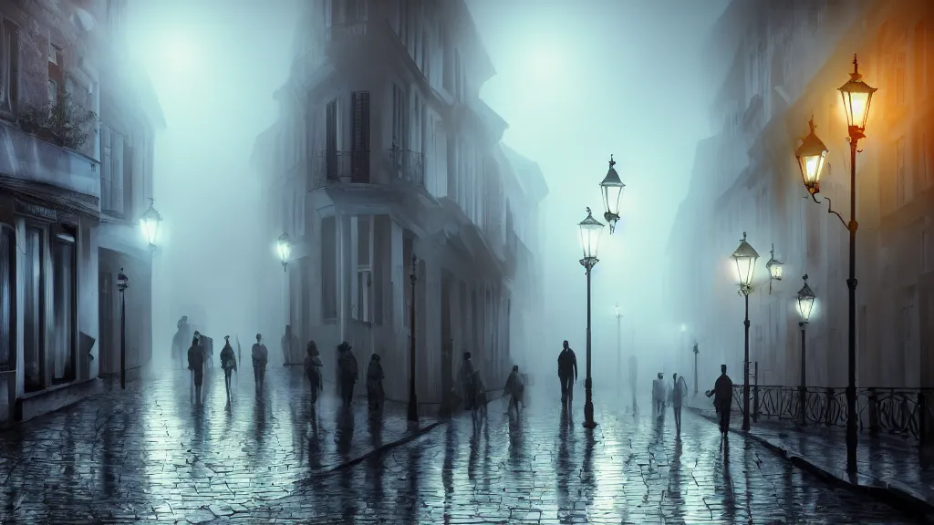 Prompt: many peoples on street of the old town with houses in the windows of which the light is on. early morning, fog on ground, wet street. mike barr painting. volumetric light, dull colors, dark, noir arthouse, 3 5 mm, hight detalied, hd, 4 k