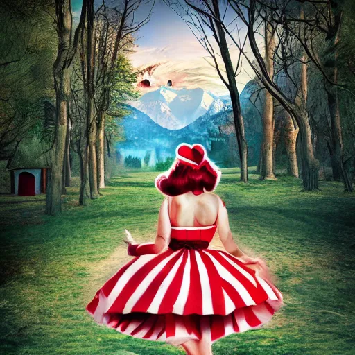 Prompt: a giant alice in wonderland, pin up, houses, trees, mountains, woman, city, digital art, photo