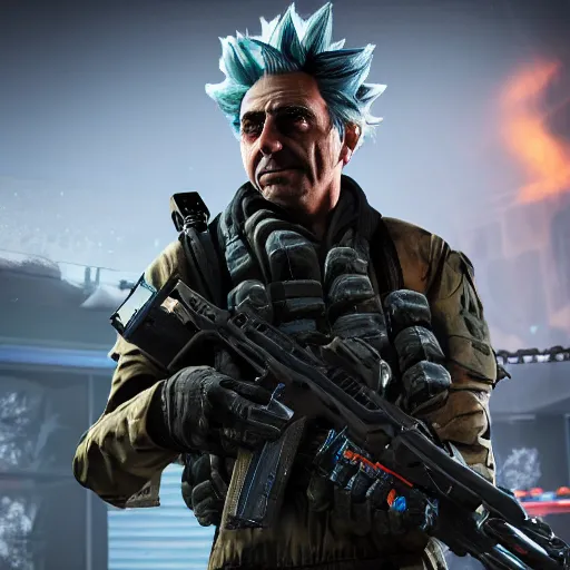 Prompt: Rick Sanchez in Call of Duty black ops, highly detailed, high quality, HD, 4k, 8k, Canon 300mm, professional photographer, 40mp, lifelike, top-rated, award winning, realistic, sharp, no blur, edited, corrected, trending