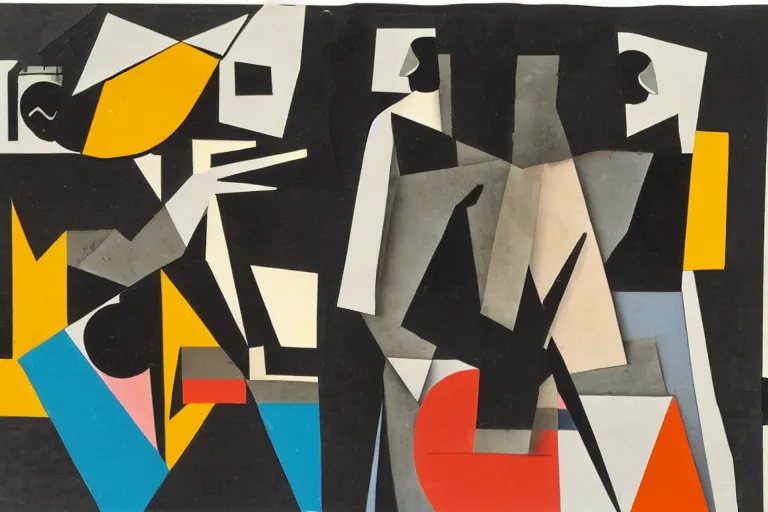 Image similar to Two figures facing camera, they are fighting very angry, Chaotic, paper collage, style of Juan Gris, abstract