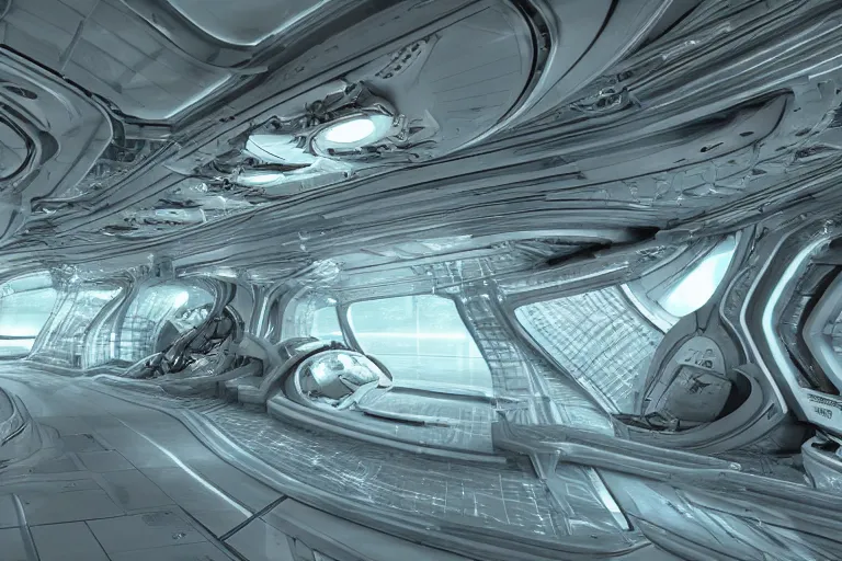 Image similar to The pristine halls of an organic alien spacecraft, biomechanical structures, subsurface scattering