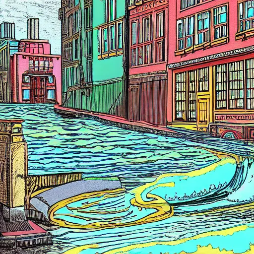 Prompt: water flowing through the streets in brooklyn, color, front view, drawing by moebius