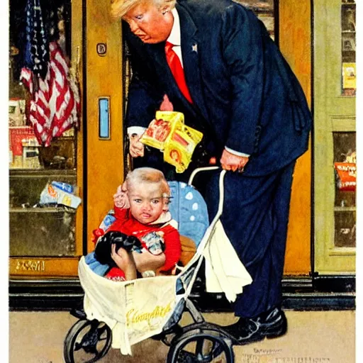 Image similar to norman rockwell style painting of donald trump taking candy from a baby in a stroller on the sidewalk of 5 th avenue in nyc