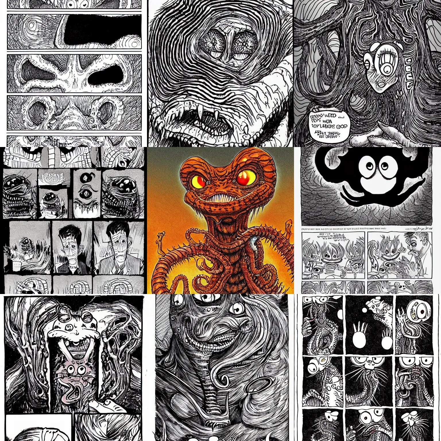 Prompt: eldritch abomination Garfield, illustrated by Junji Ito