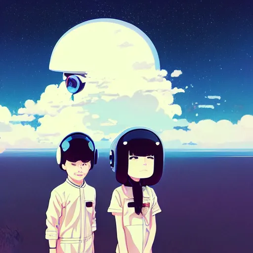 Image similar to portrait of boy and girl with astronaut helmets by ilya kuvshinov, cloudy sky background lush landscape ln illustration concept art anime key visual trending pixiv by victo ngai fanbox by greg rutkowski makoto shinkai takashi takeuchi studio ghibli