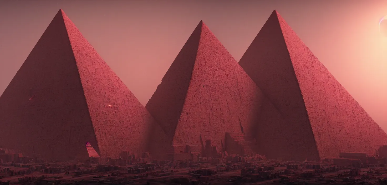 Prompt: cyberpunk egiptian pyramid overview, Zdzisław Beksiński color scheme, featured in artstation, octane render, cinematic, elegant, intricate, 8k