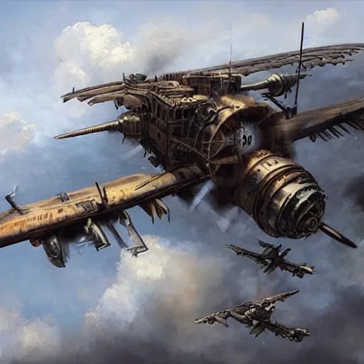 Prompt: huge steampunk aircraft in battle, sky, explosions, jakub rozalski