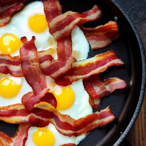 Image similar to bacon and eggs in pan, closeup, close angle, dramatic lighting