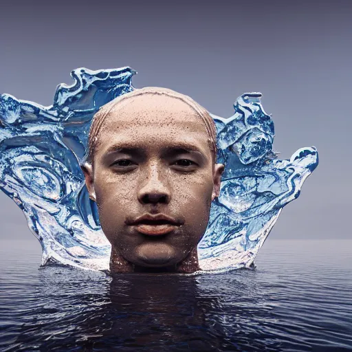 Image similar to water artwork manipulation in the shape of a human head, on the ocean water, ray tracing, realistic water sharp focus, long shot, 8 k resolution, cinematic, water sculpture