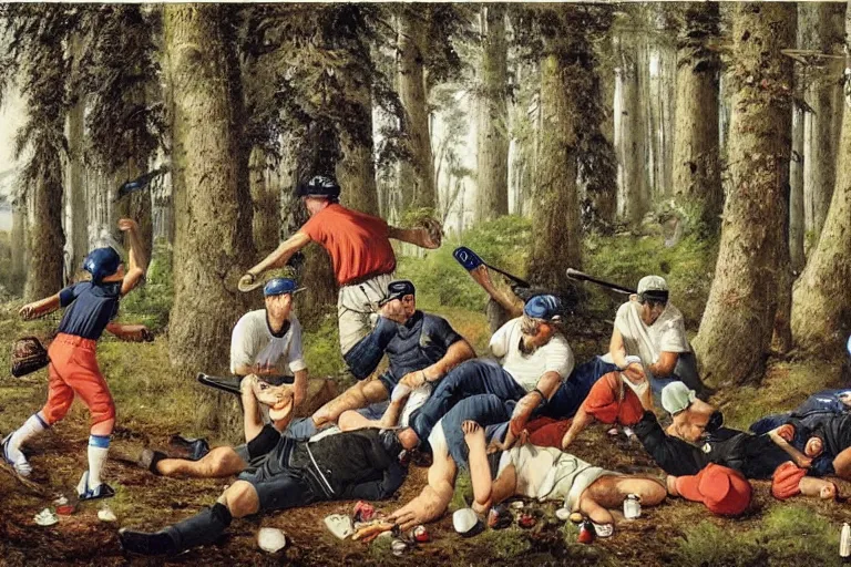 Prompt: mid - thirties guys in baseball caps binge drinking in a forest, in the style of skovgaard