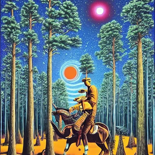 Prompt: psychedelic, trippy, cowboy, pine forest, planets, milky way, cartoon by rob gonsalves