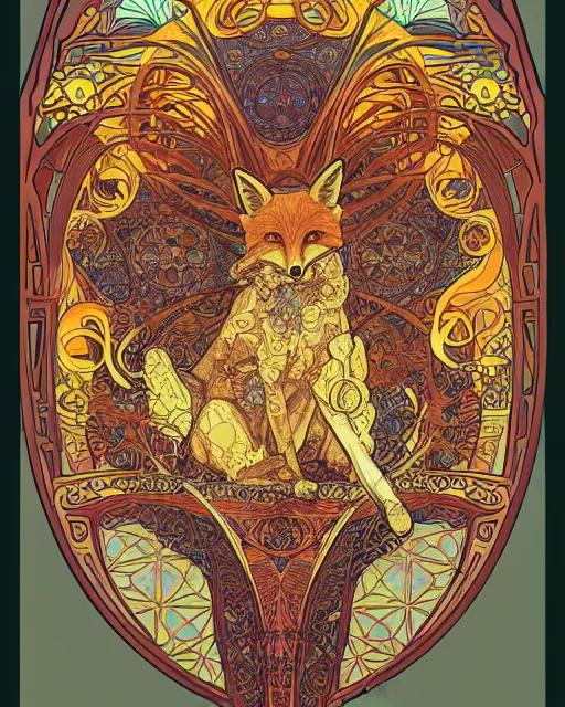 Image similar to fox carving art, cell shading, voronoi, fibonacci sequence, sacred geometry by Alphonse Mucha, Moebius, hiroshi yoshida, Art Nouveau, colorful, ultradetailed, 2 vivid colour, 3d