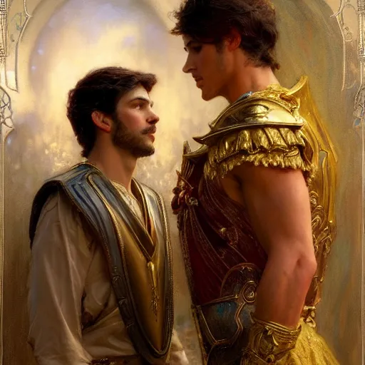 Image similar to attractive fully clothed king confesses his love for his attractive fully clothed male prince. highly detailed painting by gaston bussiere, craig mullins, j. c. leyendecker 8 k