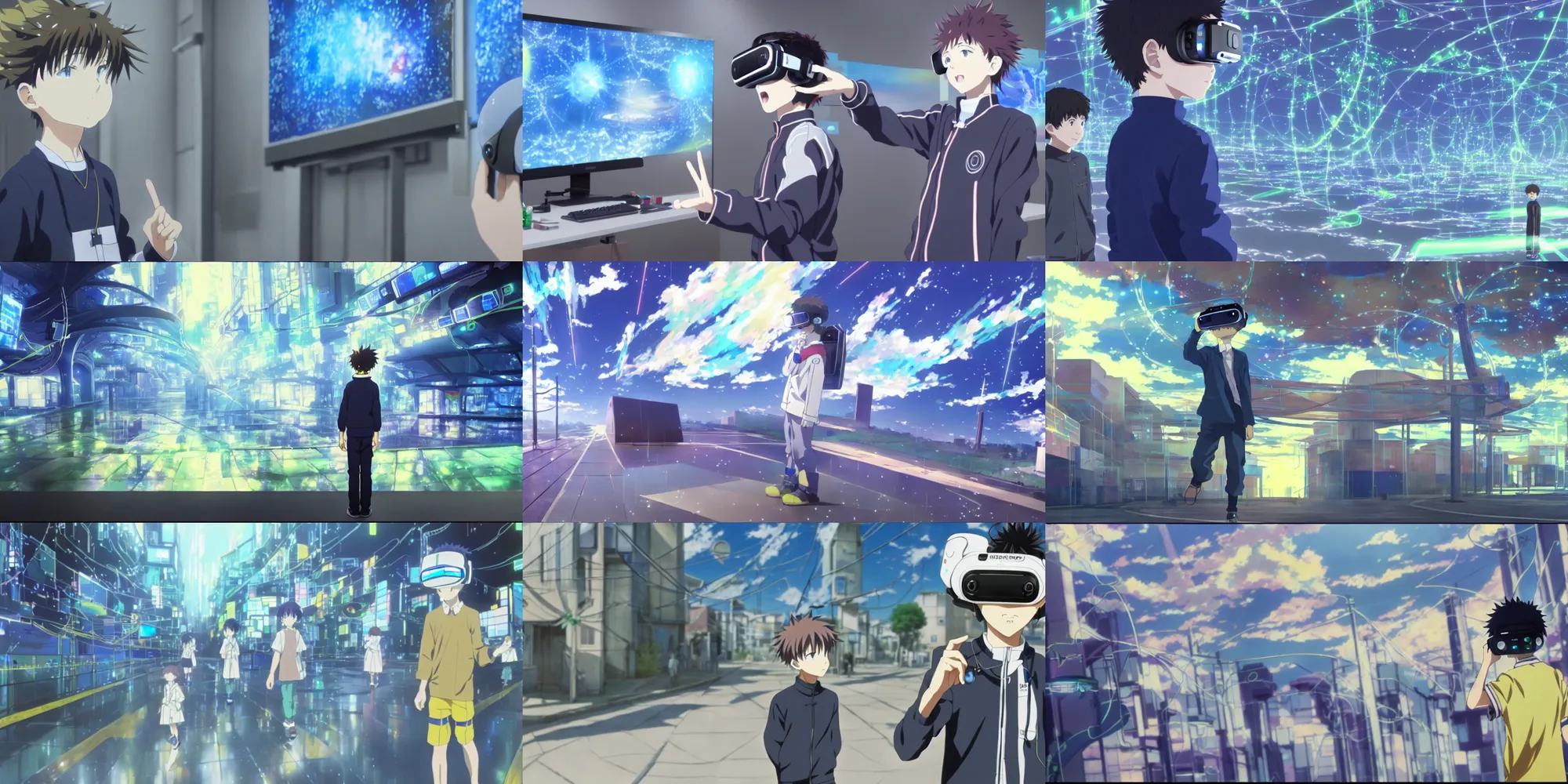 Prompt: painting of near future technological world, magical realism, screenshot from the Kyoto Animation anime about the boy who wears nervegear, real life blended with virtual reality