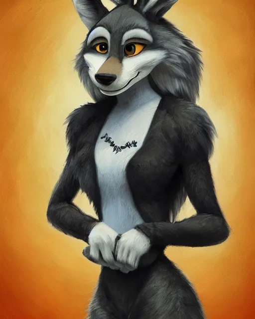 Prompt: full body oil painting of anthromorphic female wolf, in style of zootopia, female fursona, furry, furaffinity, 4 k, deviantart, furry art, fursona art, wearing black business suit, wearing black business suit, wolf fursona, female, very expressive detailed feminine face,