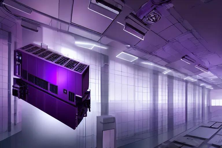 Image similar to hyperrealistic medium shot robot! in data center server building highly detailed concept art eric zener elson peter cinematic hard purple lighting high angle hd 8 k sharp shallow depth of field, inspired by david paul cronenberg and zdzisław beksinski