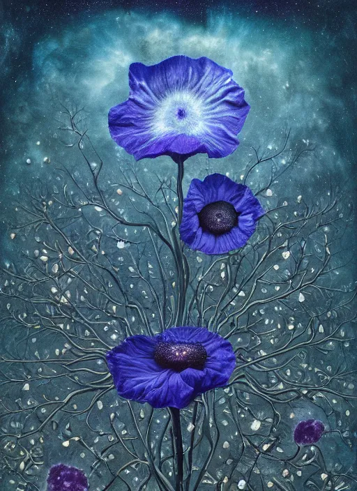 Image similar to detailed, intricate blue black and purple papaverum flower on the field, nebula, galaxy in the sky, winning award masterpiece, fantastically beautiful, illustration, aestheticly inspired, jacek yerka, upscale with anguissola sofonisba work, artstation, 8 k