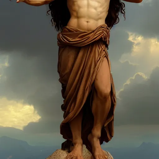 Image similar to an extremely detailed sculpture of a ridiculously good looking jesus that is posed like the buddy christ, long curly hair, elegant ancient greek dress, very detailed, standing on a mountain over rio de janeiro, beautiful, intricate, cinematic, artstation, william bouguereau, alphonse mucha, greg rutkowski, rossdraws, octane render